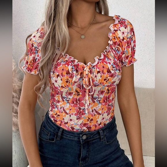 Boho floral print knot front bodysuit top - Picture 1 of 5